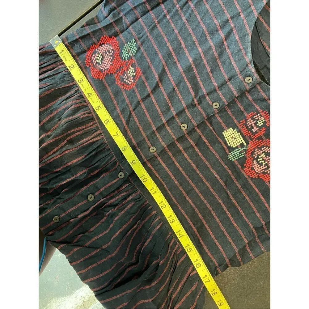 Bombay Paisley Dark Blue Red Stripe Floral Embroidered Button Down 3/4 Sleeve Mi - Picture 12 of 16